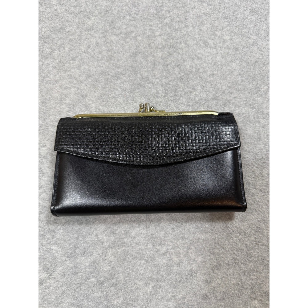 Vintage Mello Cowhide by Seamon Black Leather Kiss Lock Wallet Woven Flap